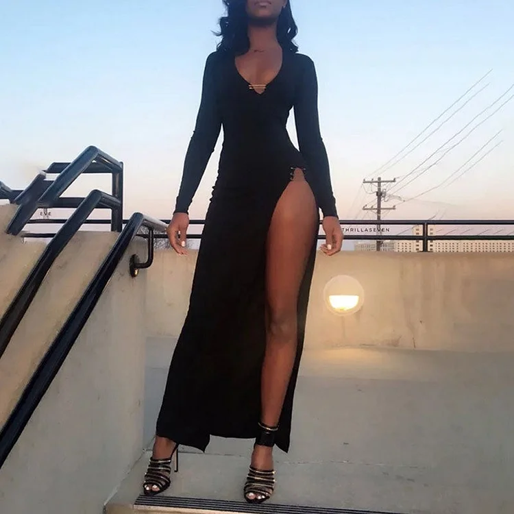 Solid V-Neck Long Sleeve High Slit Dress - IRBOOM Fashion Clothing
