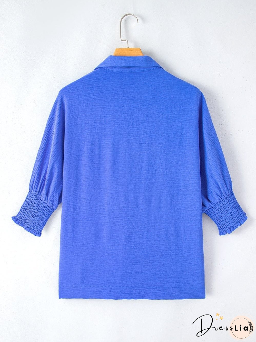 Navy Blue Collared Smocked Sleeve Cuffs Loose Fit Blouse