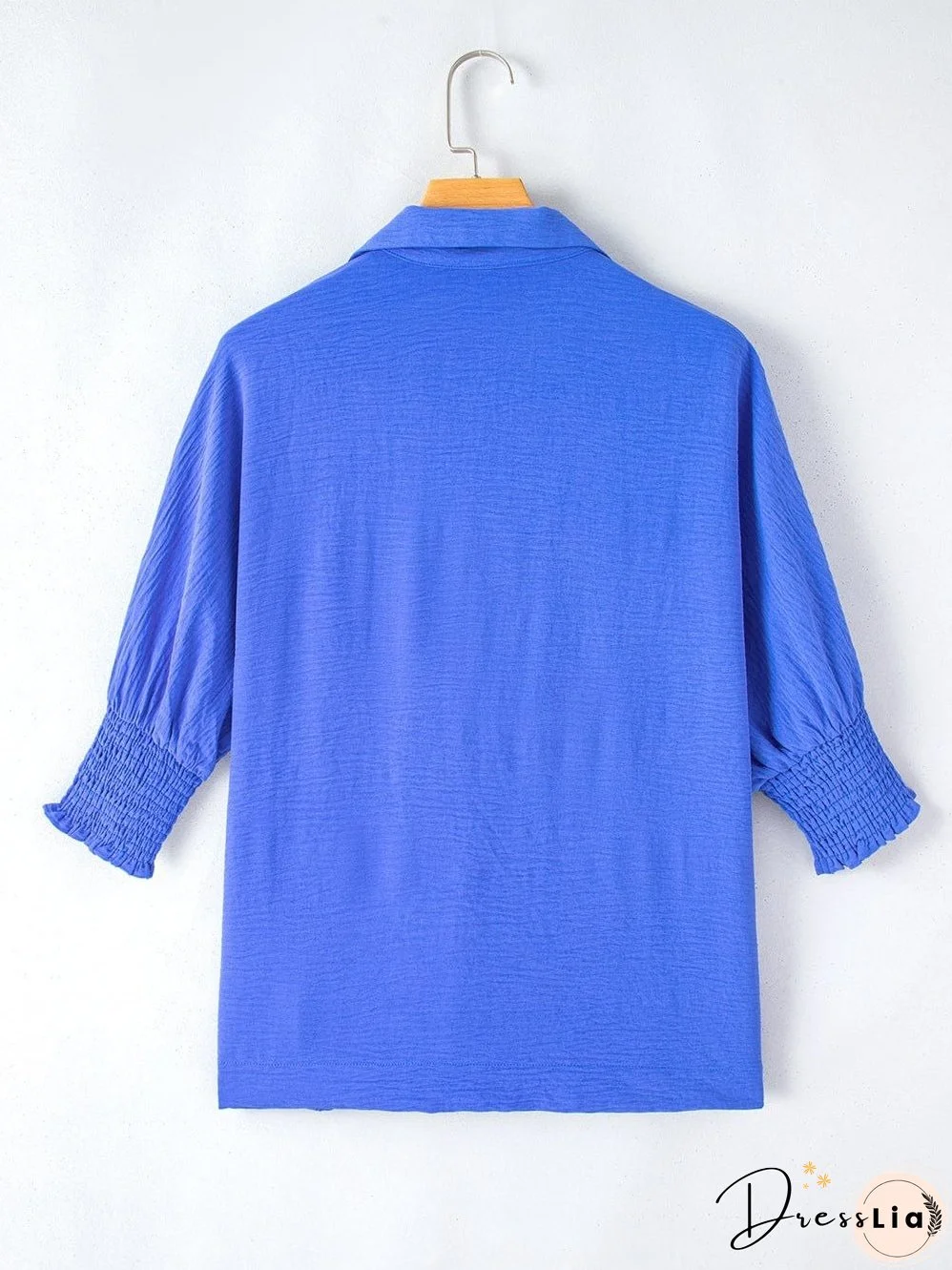 Navy Blue Collared Smocked Sleeve Cuffs Loose Fit Blouse