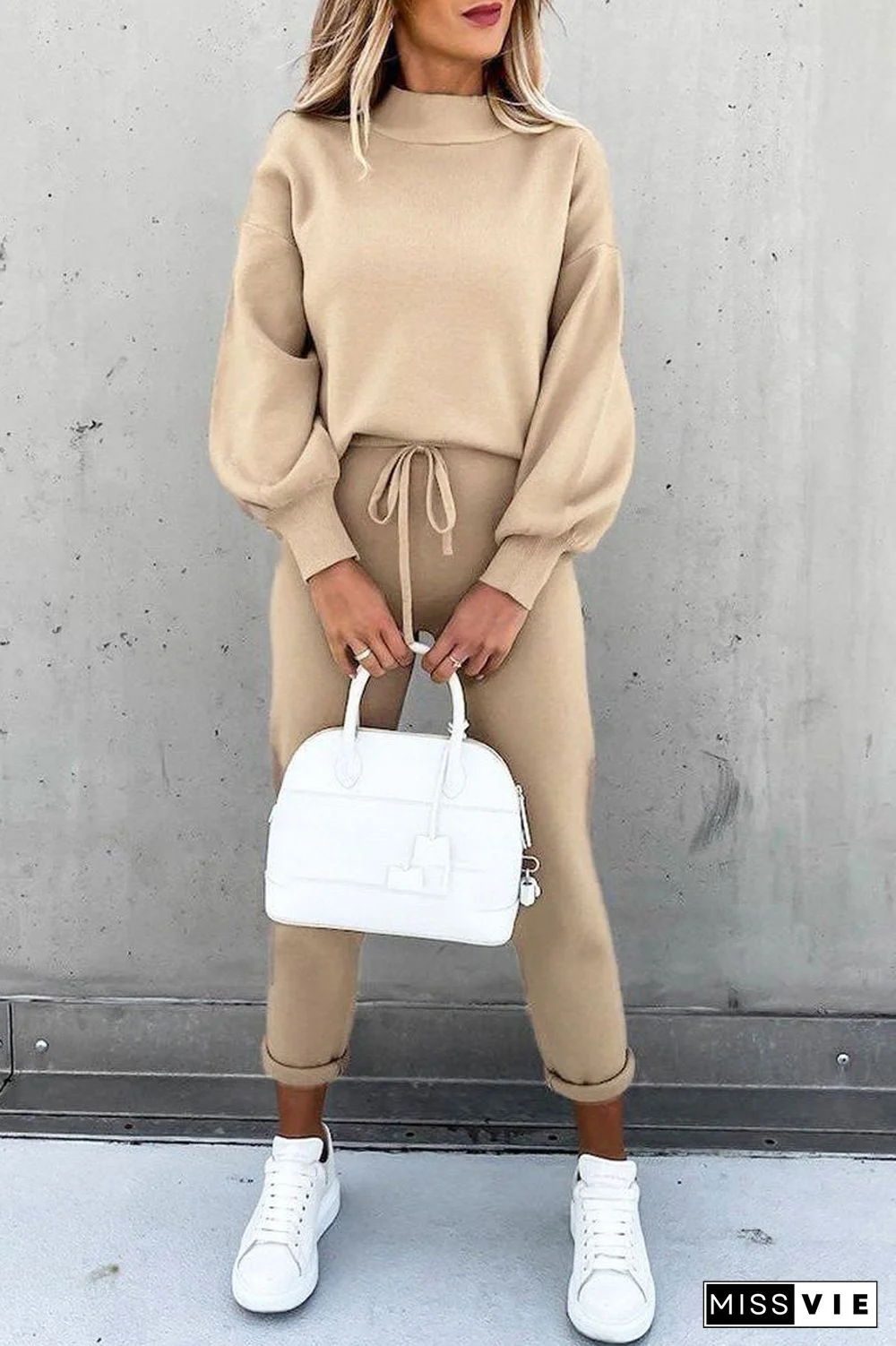 Solid Drawstring Waist Two Pieces Sets