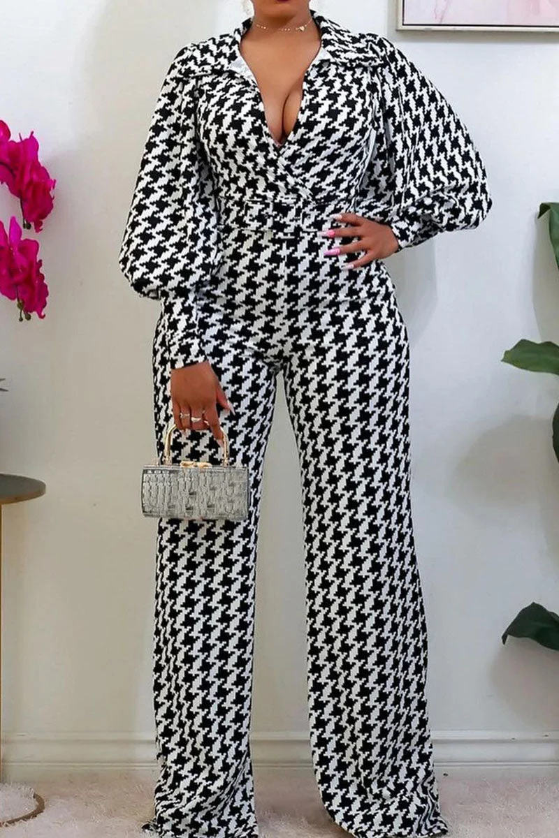 Casual Print Split Joint V Neck Straight Jumpsuits