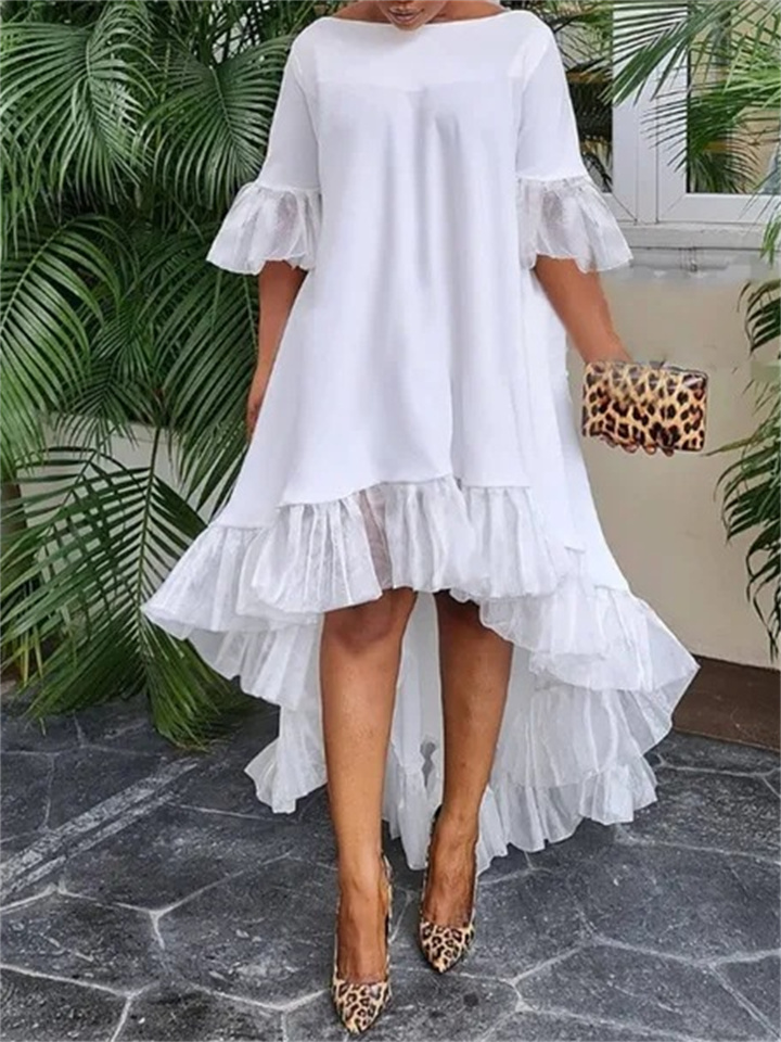 Senior Sense of Women's Long-sleeved Hollow Long Dress V-neck Solid Color Collision Flocking Dress
