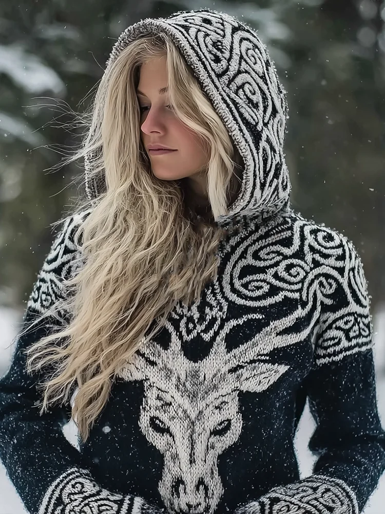 Vintage Viking Celtic Style Deer Pattern Women's Hooded Sweater