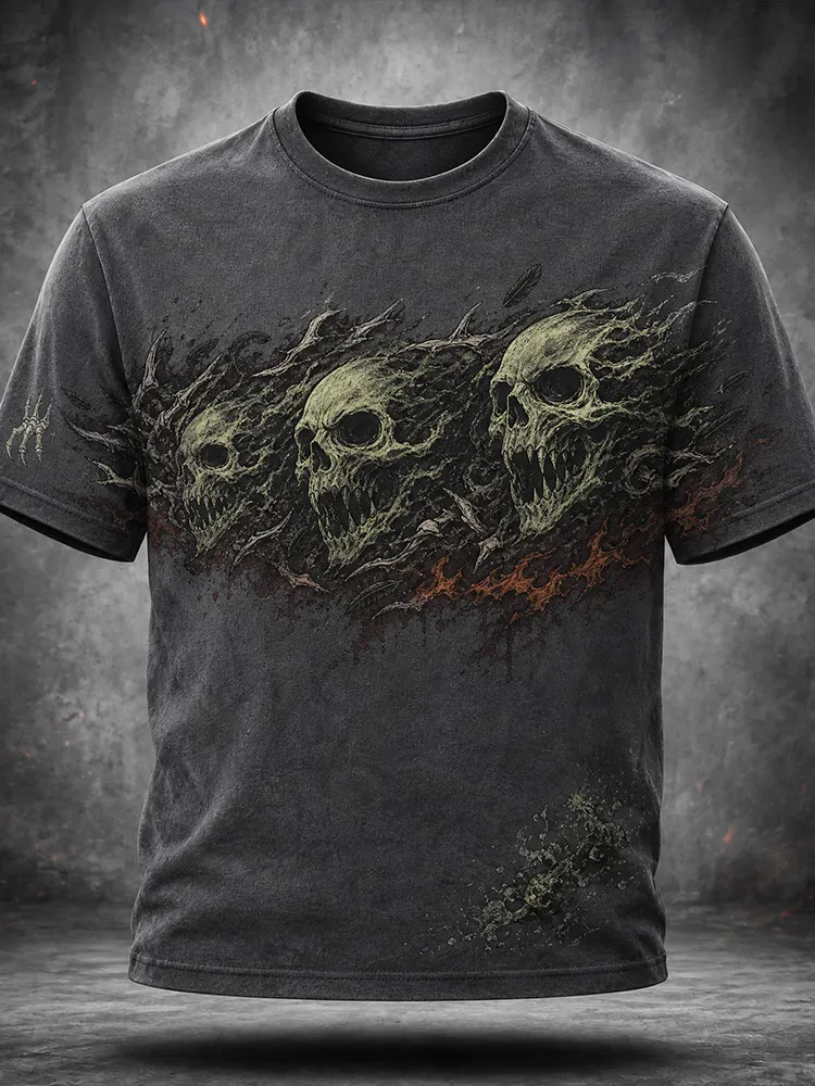 Men's Gothic Graphic T-shirt - Triple Skulls With Fiery Smoke And Spikes Print Casual Tee