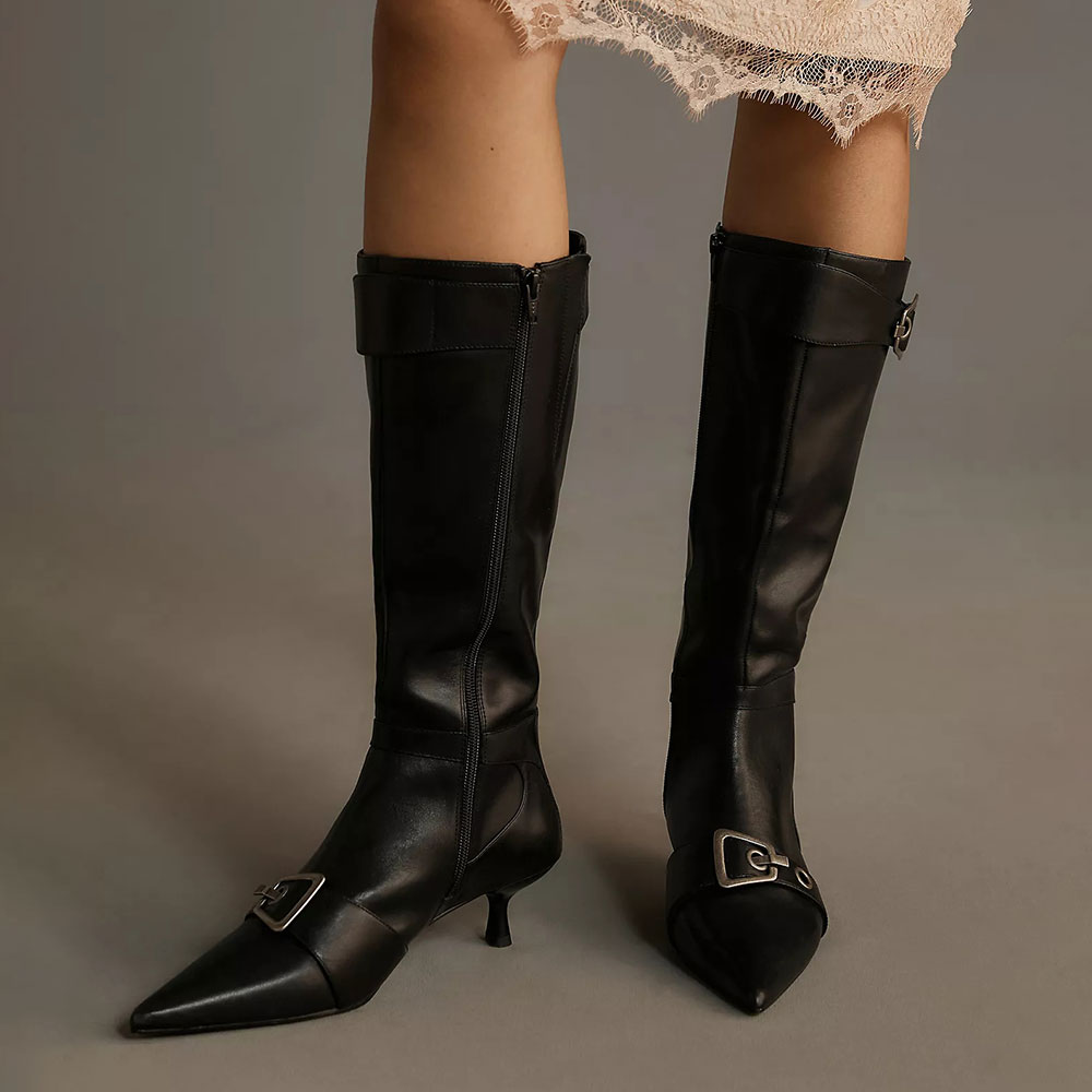 Black Buckle Strap Pointed Toe Kitten Heel Zipper Mid Calf Boots Nicepairs