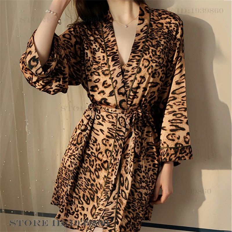 Lidudu Female Leopard Nighty&Robe Set Sexy Backless Nightgown Lingerie Chemise Sleepwear Loose Casual Satin Home Dress Loungewear