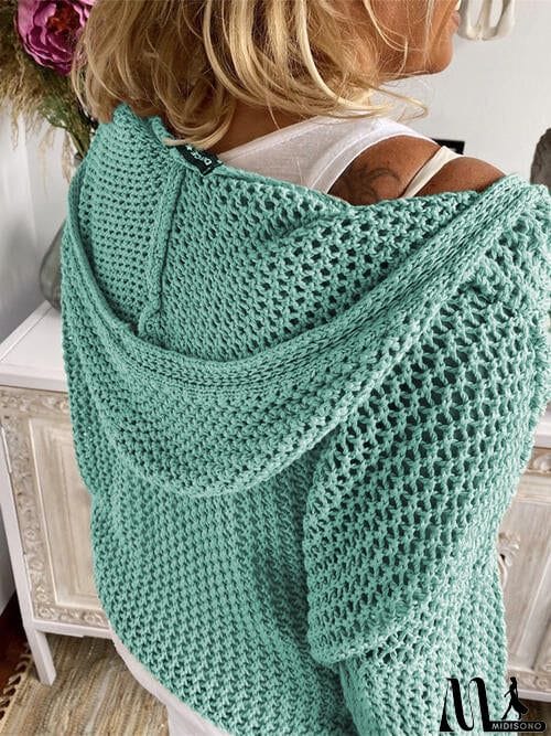 MidiSono - Openwork Hooded Long Sleeve Sweater