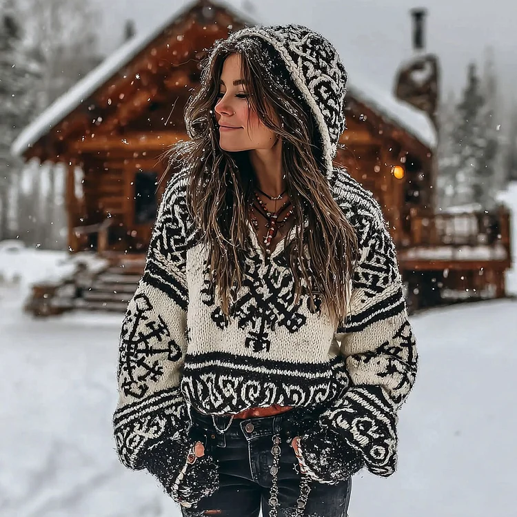 Women's Vintage Viking Celtic Knot Rune Pattern Knitted Zip-up Sweater