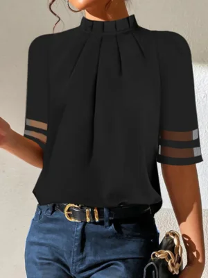 Image of Loose Short Sleeves Pleated See-Through Split-Joint Stand Collar T-shirts