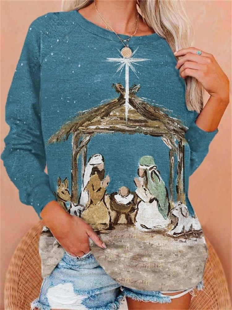 Comstylish Nativity Oil Painting Style Print Sweatshirt