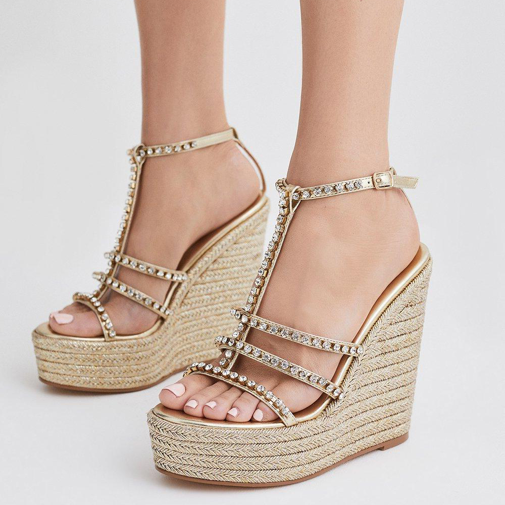Gold Metallic  Opened Toe Rhinestone T-Strappy Platform Sandals With Wedge Heels Nicepairs