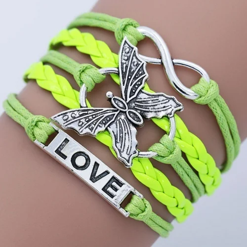 Vintage Handmade DIY Multilayer Leather Infinity Love Butterfly Charm Chain Bracelet (Color: Multicolor)