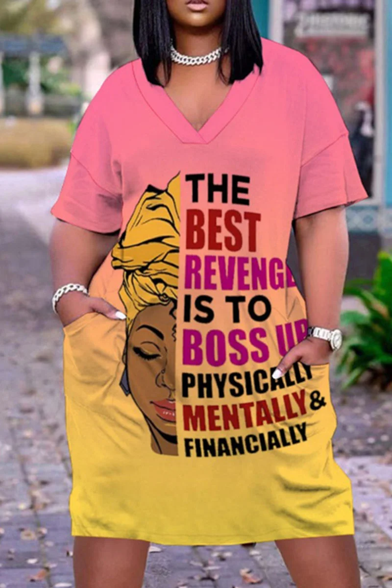 Pink Casual Print Patchwork V Neck Straight Dresses | EGEMISS