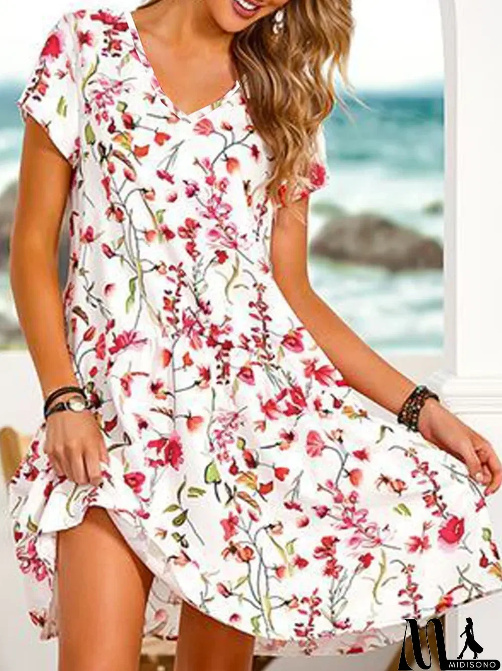 MidiSono - Vacation Floral Loosen V Neck Short Sleeve Knit Dress