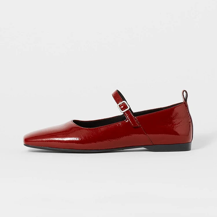 Classic Red Patent Leather Flats Square Toe Mary Jane Shoes |FSJ Shoes