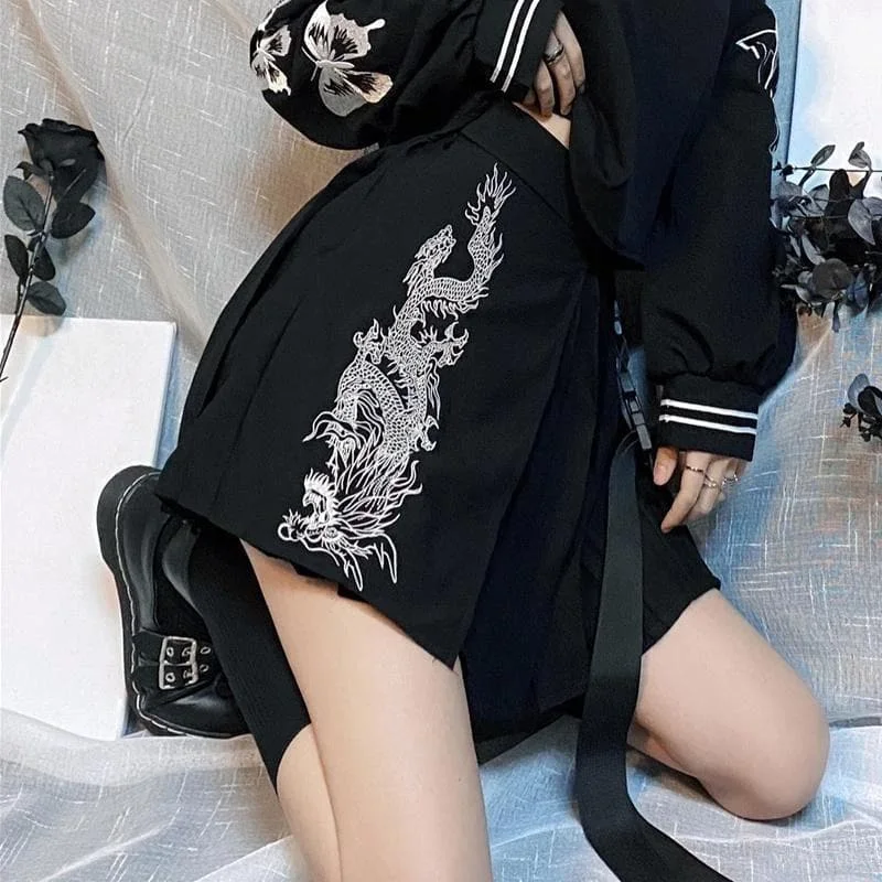Vintage Dragon Embroidery Pleated Skirt SP15474