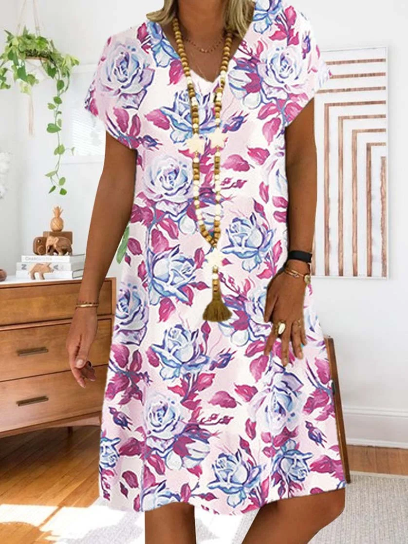 Women Half Sleeve V-neck Solid Color Dress