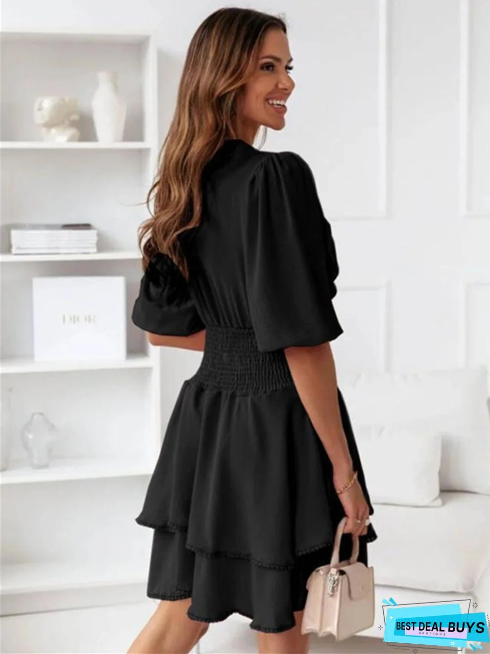 V-Neck Solid Color Ruffled Waist Short Sleeve Dress