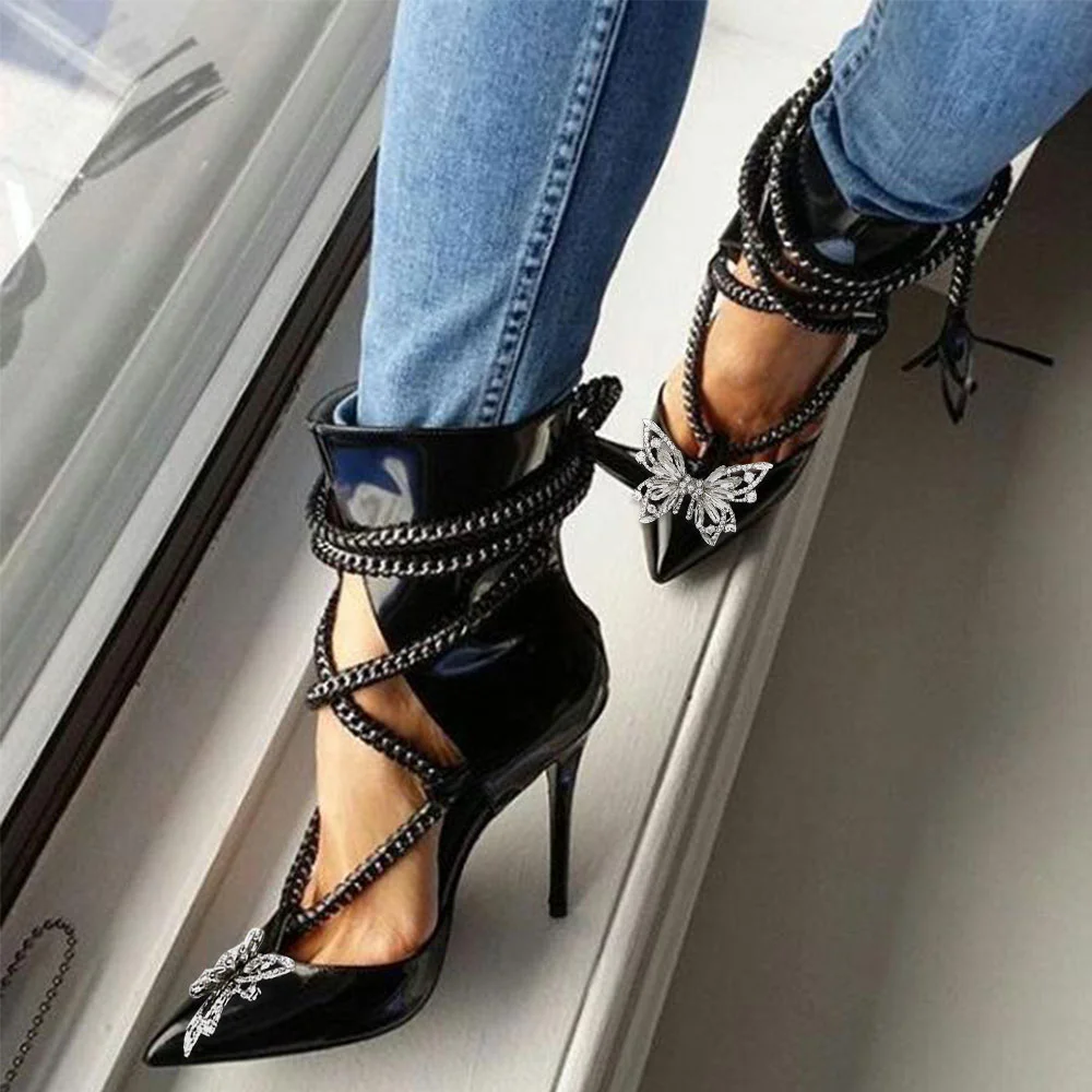 Black Leather Booties Pointed Toe Rope Strap Stiletto Ankle Boots Nicepairs