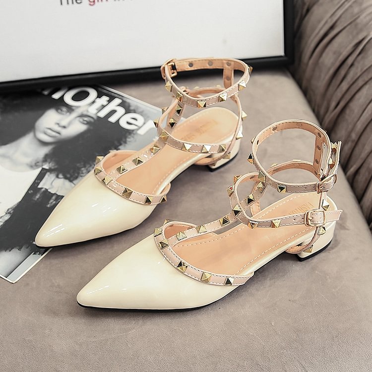 2022 Spring And Summer New Patent Leather Rivet Sandals Pointed Thick Heel Women Sandals Word Buckle Large Size Women's Shoes - Shop Trendy Women's Clothing | LoverChic