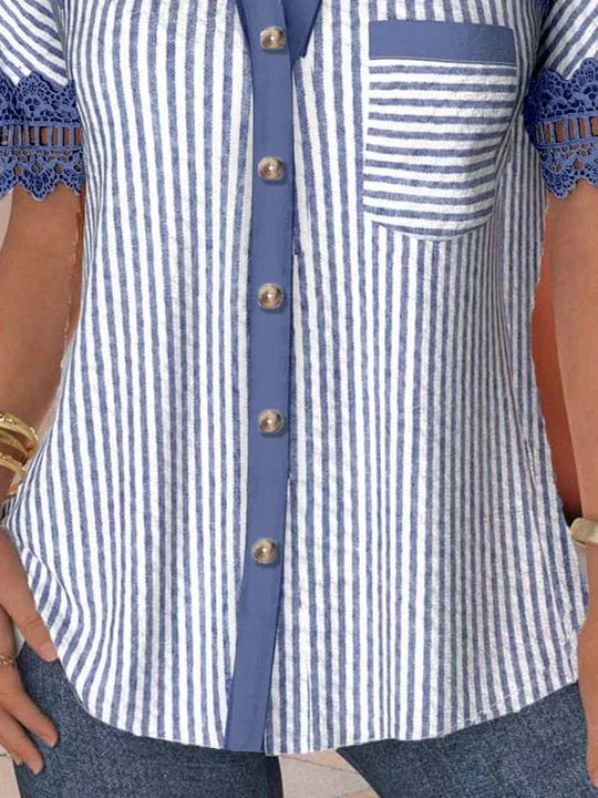 Women Short Sleeve V-neck Striped Printed Graphic Lace Hollow Stitching Button Tops