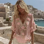 Women's Pink Floral Embroidered Art V-neck Linen Blend T-shirt - Image 2