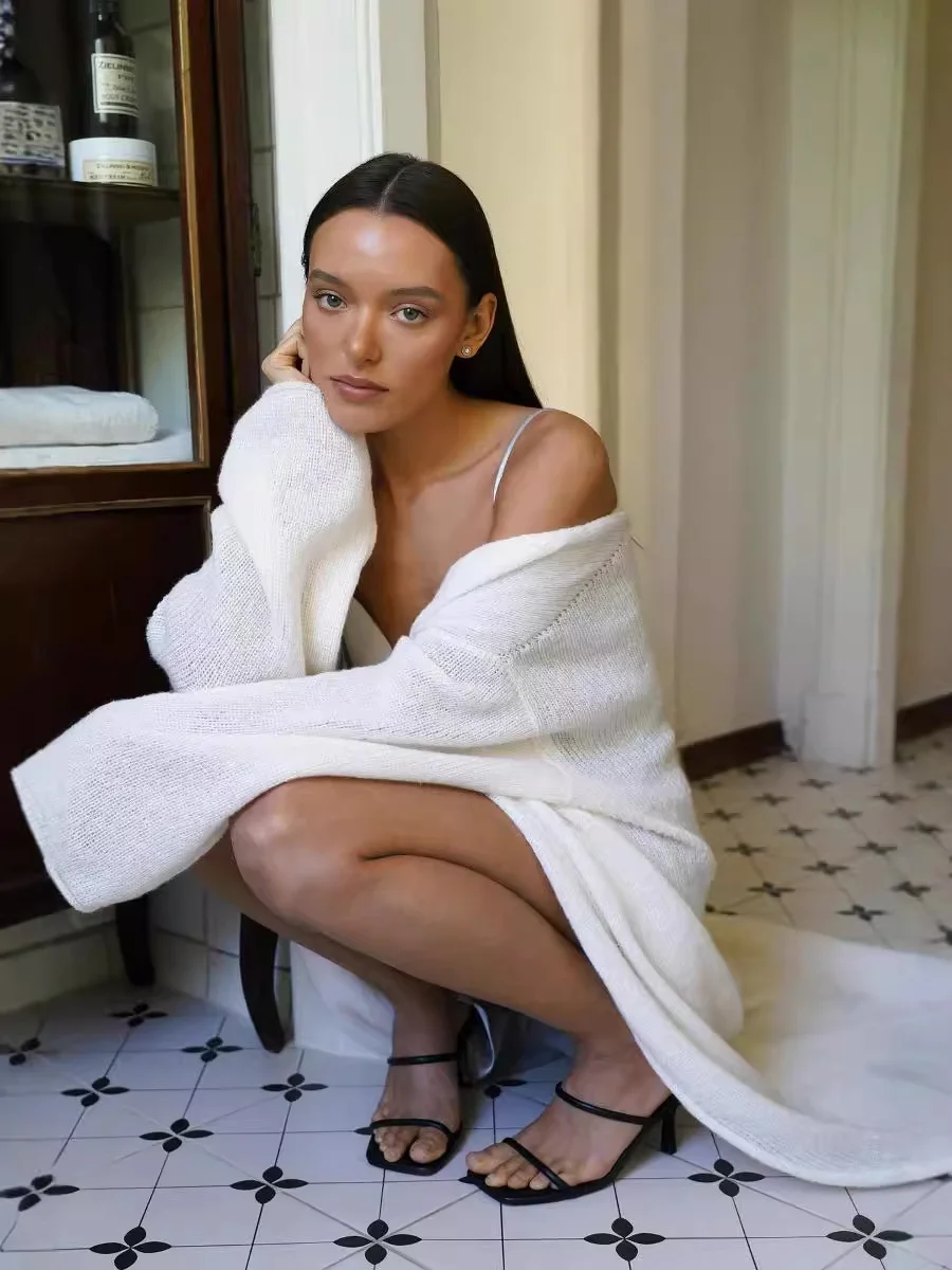 Athvotar Athvotar 2025 New Long Covered Women's Haired Knitted Sweater Cardigan Premium Shawl Ins