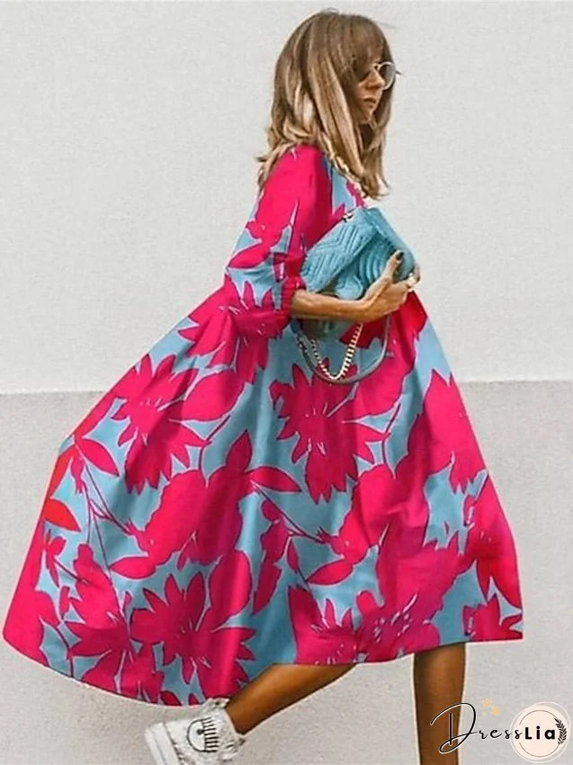 Women's Dress - Casual Dress Midi Dress Black White Pink 3/4 Length Sleeve Leopard Ruched Summer Spring Fall Autumn Crew Neck Stylish Weekend S M L XL XXL