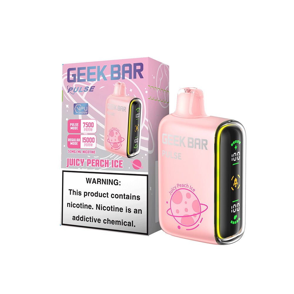 Geek Bar Pulse 15K disposable vape in Juicy Peach Ice flavor with digital screen, matching box.