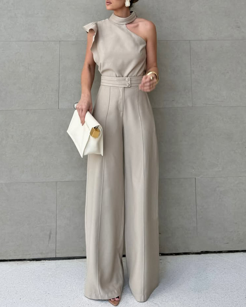 Asymmetric Ruffled Sleeveless Top & Wide Leg Pants