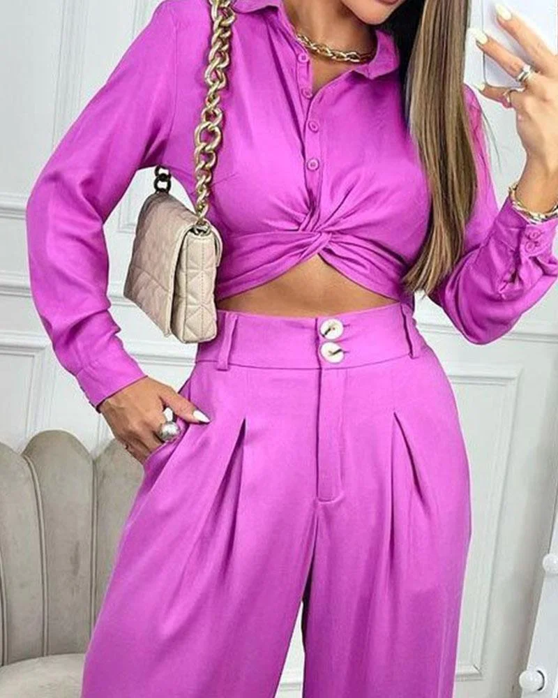 Purple Casual Shirt Pants Suit