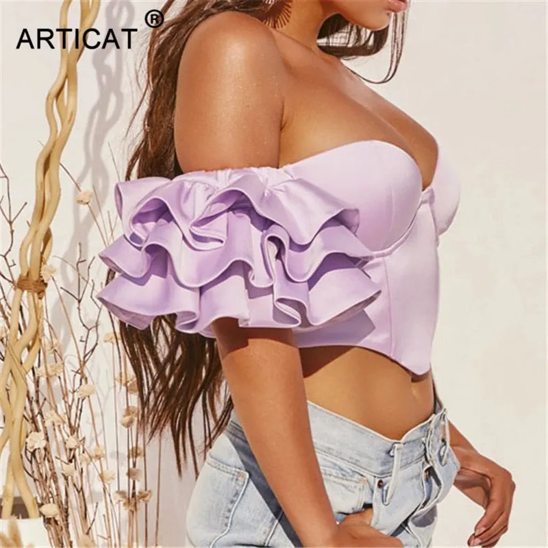 Articat Elegant Ruffles Sleeve Crop Tops Women Strapless Off Shoulder Backless Zipper Sexy Club Party Tops 2020 Summer Clothes