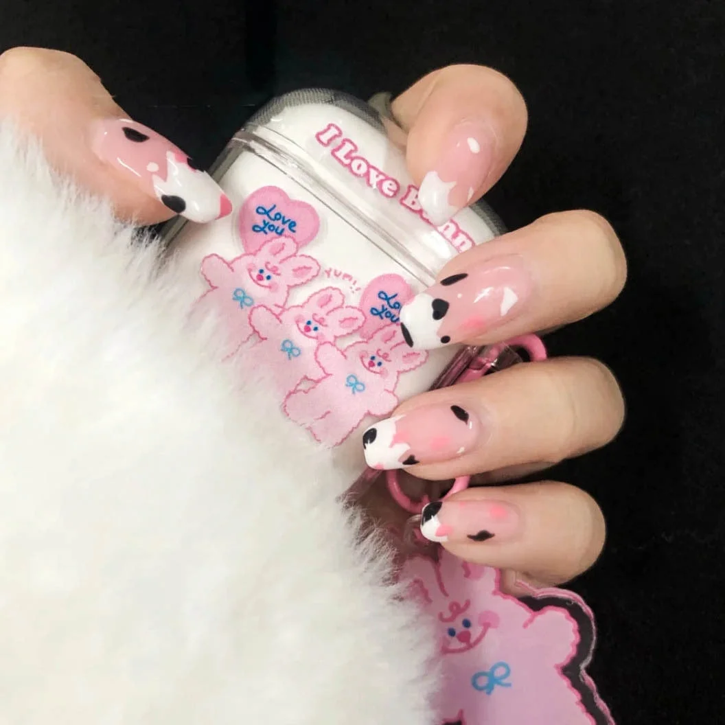 24PCS Nude Color Fake Nails With Black Grids Press On False Detachable Full Cover Artificial Tips Nail Art DIY Manicure No Glue-Nail Inspo