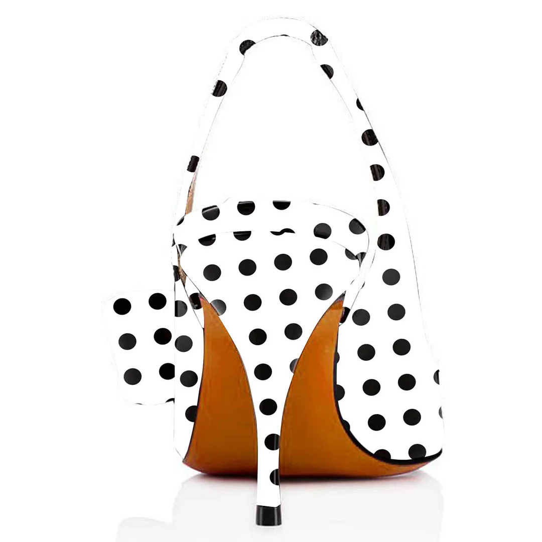 White Patent Leather Pointed Toe Polka Dot Slingback Bow Heels
