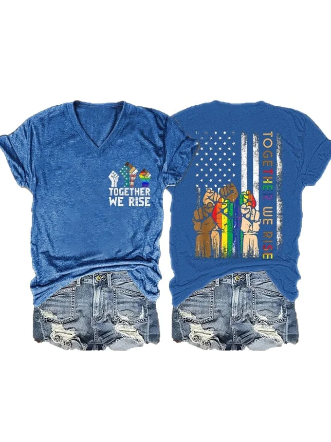 Women's LBGT Black Pride Juneteenth Together We Rise Print V-Neck T-Shirt socialshop