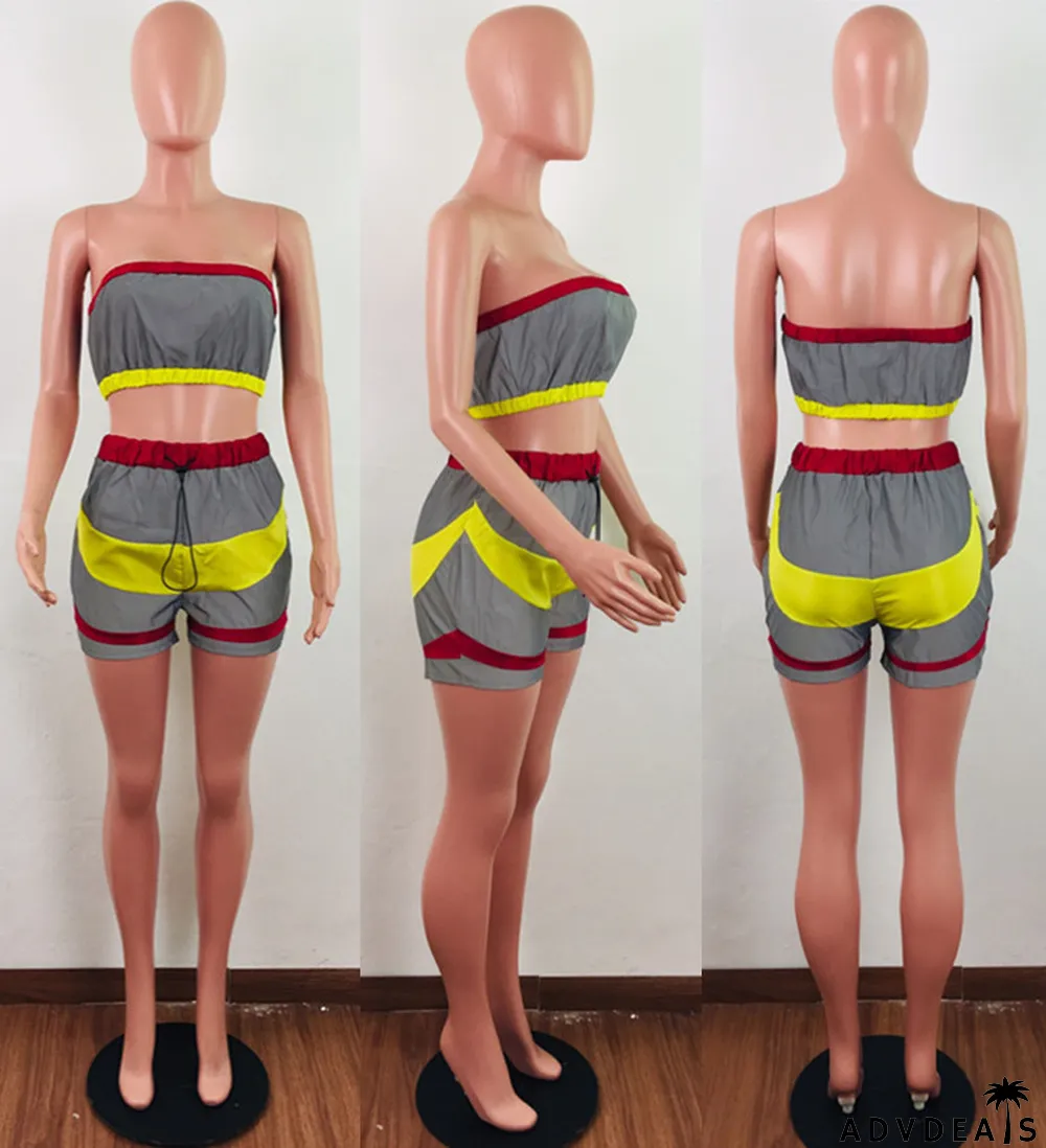 Sexy Reflective Tube Tops Shorts Sports 2 Piece Sets
