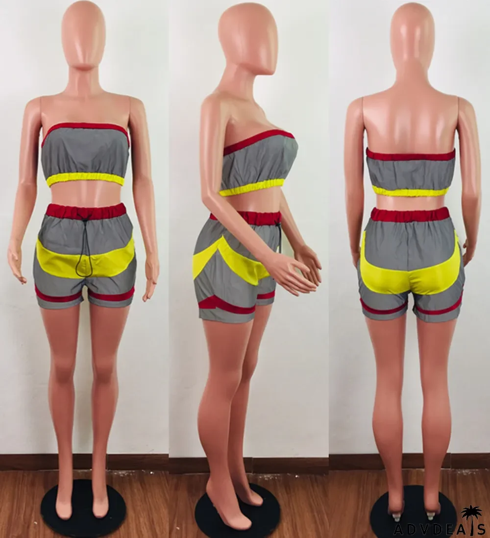 Sexy Reflective Tube Tops Shorts Sports 2 Piece Sets