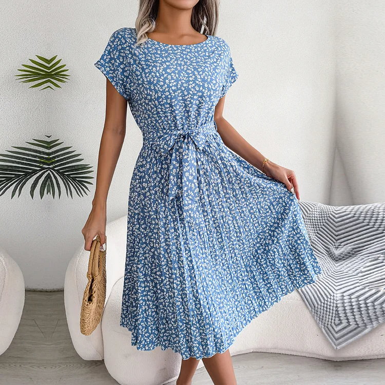 Fashion Floral Pleated Short Sleeve High Waist Chic Dress
