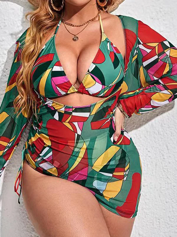 Plus Size Color Printed Mesh Blouse Sunscreen Three Piece Bikini Set
