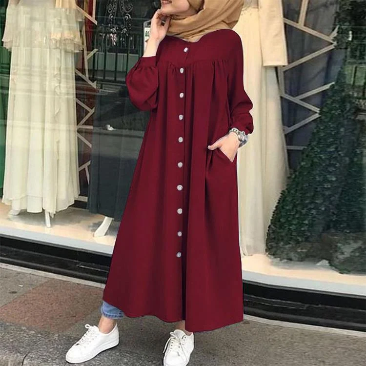Simple Solid Long Sleeve Stand Collar Cardigan Midi Dress - yankia