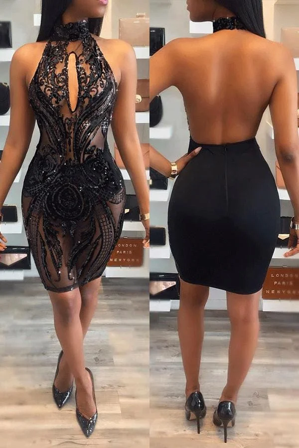 Sexy Sequins Perspective Backless Dress