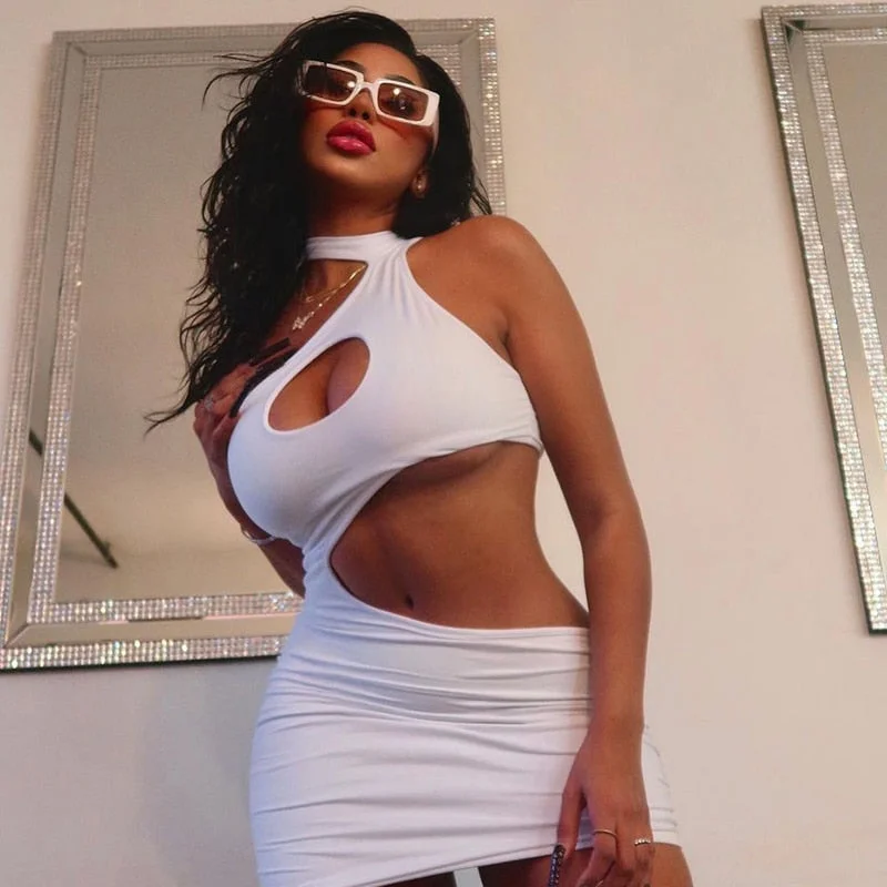 Sexy Cut Out Drawstring Ruched Mini Dress Women Sleeveless Backless Low Rise Dresses 2022 Summer Harajuku Lolita Robe