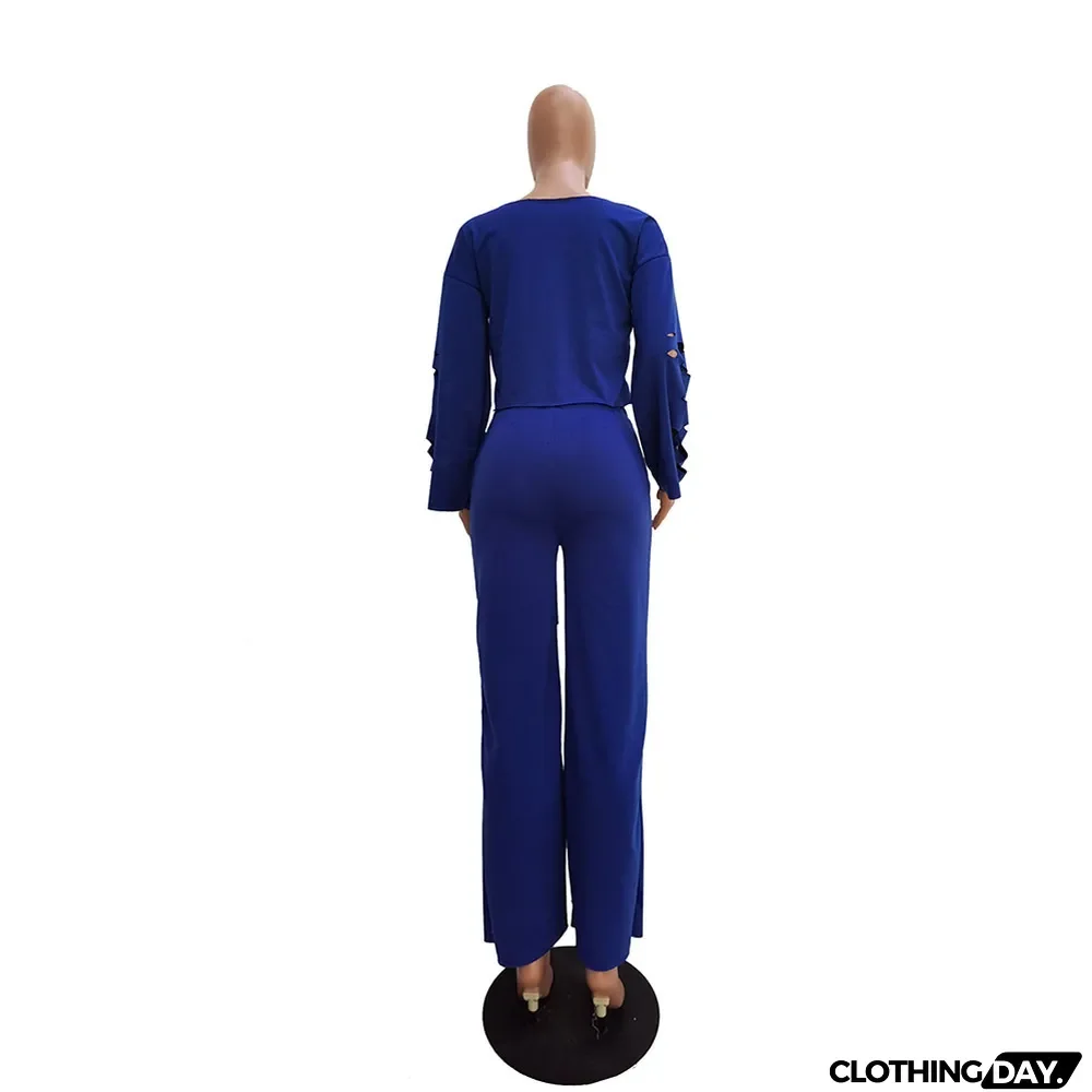 Casual Solid Color Ripped Flared Pants Suit