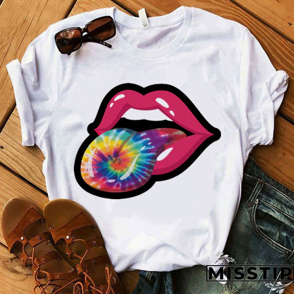 White Fashion Casual Lips Printed Basic O Neck Tops