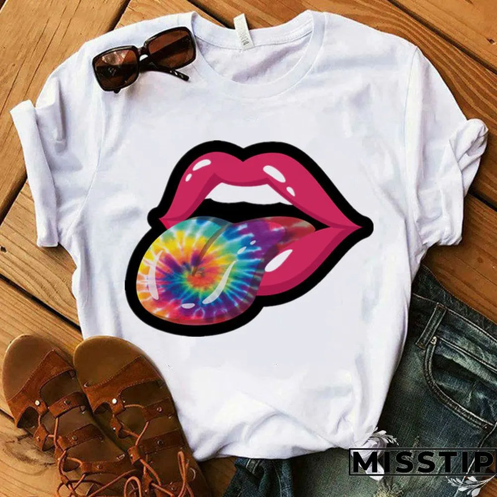 White Fashion Casual Lips Printed Basic O Neck Tops