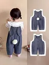 Baby Easter Outfit Denim Overall Pants Bunny Ear Romper with Pom Pom Tail Jeans Jumpsuit Cute Rabbit Ear Overalls for Toddler Boy Girl