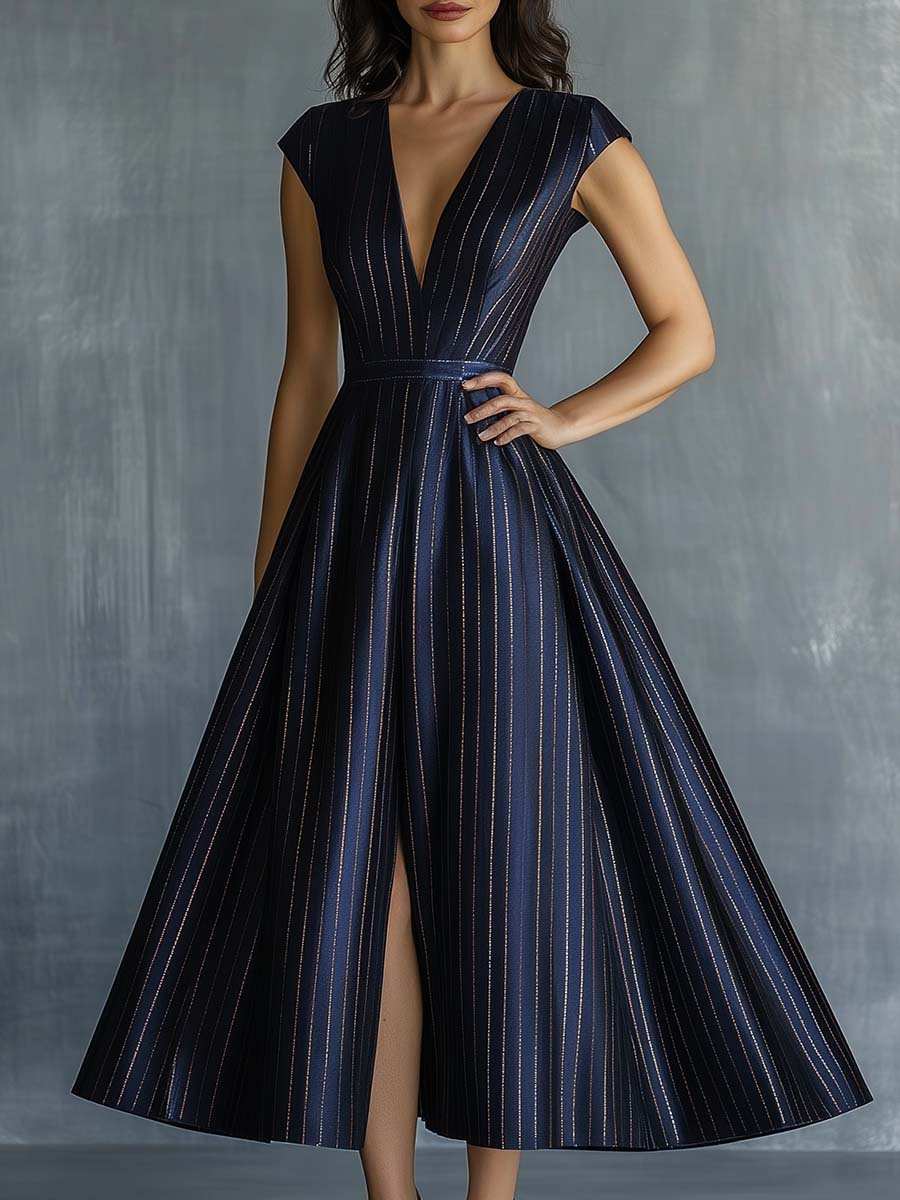 Chic Striped Plunge A-Line Dress
