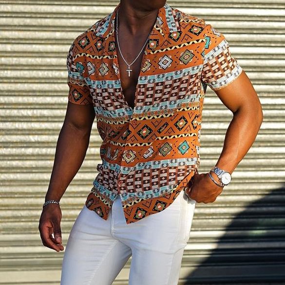 Ethnic pattern print casual short-sleeved shirt / [viawink] /