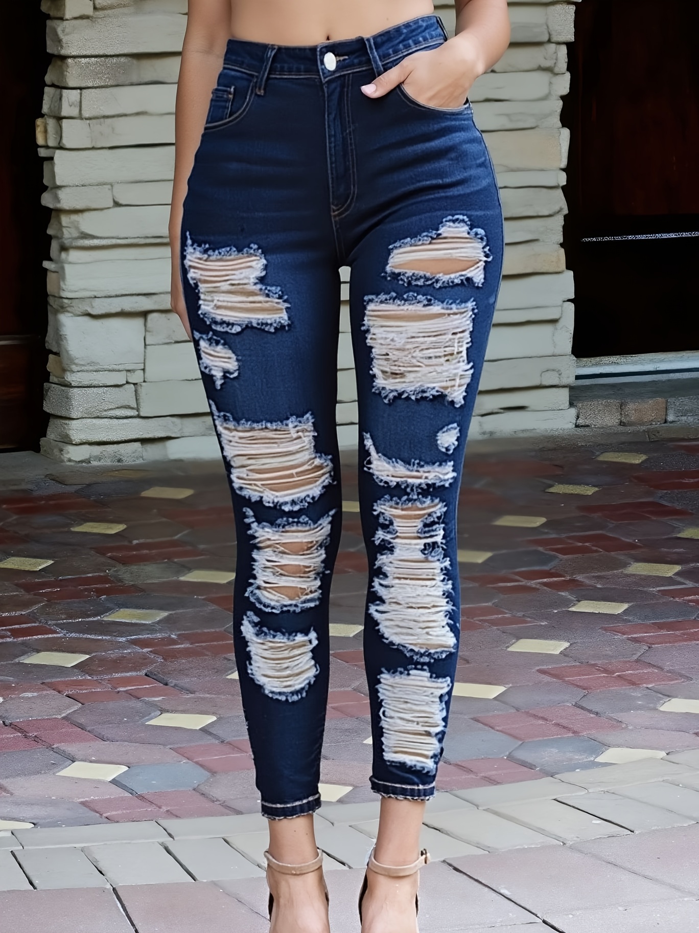 Womens Vintage Skinny Jeans High Rise Stretch Denim Pants With Dark Navy Blue Wash | IFYHOME