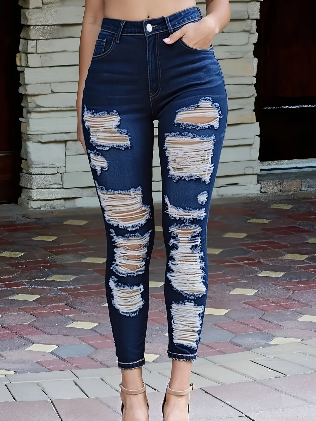 Women's Vintage Skinny Jeans - High Rise Stretch Denim Pants With Dark Navy Blue Wash, Mid-Rise Non-Belt Loops & Frayed Hem For Casual Everyday Formal Outfits - Machine Washable Retro Jeans, High Waisted Jeans, Summer Fashion, Durable Fabric | IFYHOME